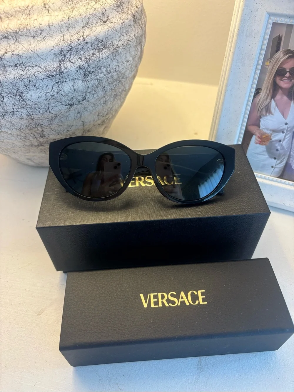 Versace Black Cat-Eye Women's Sunglasses with Dark Lenses